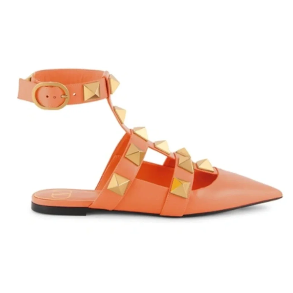 NIB $1100 VALENTINO Roman Stud Ankle-cuff Leather Ballerinas In Orange Zest 37.5